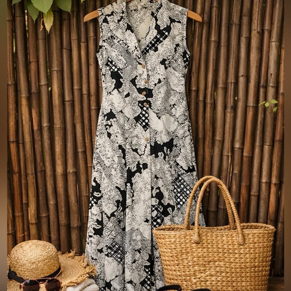 Vintage 80s Casuals Black & White Patchwork Maxi Dress Button Down Boho Floral